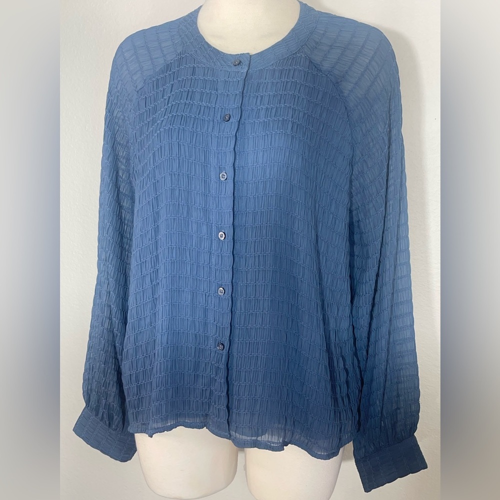 Calvin Klein womens smocked chiffon long sleeve top large lined blue career top